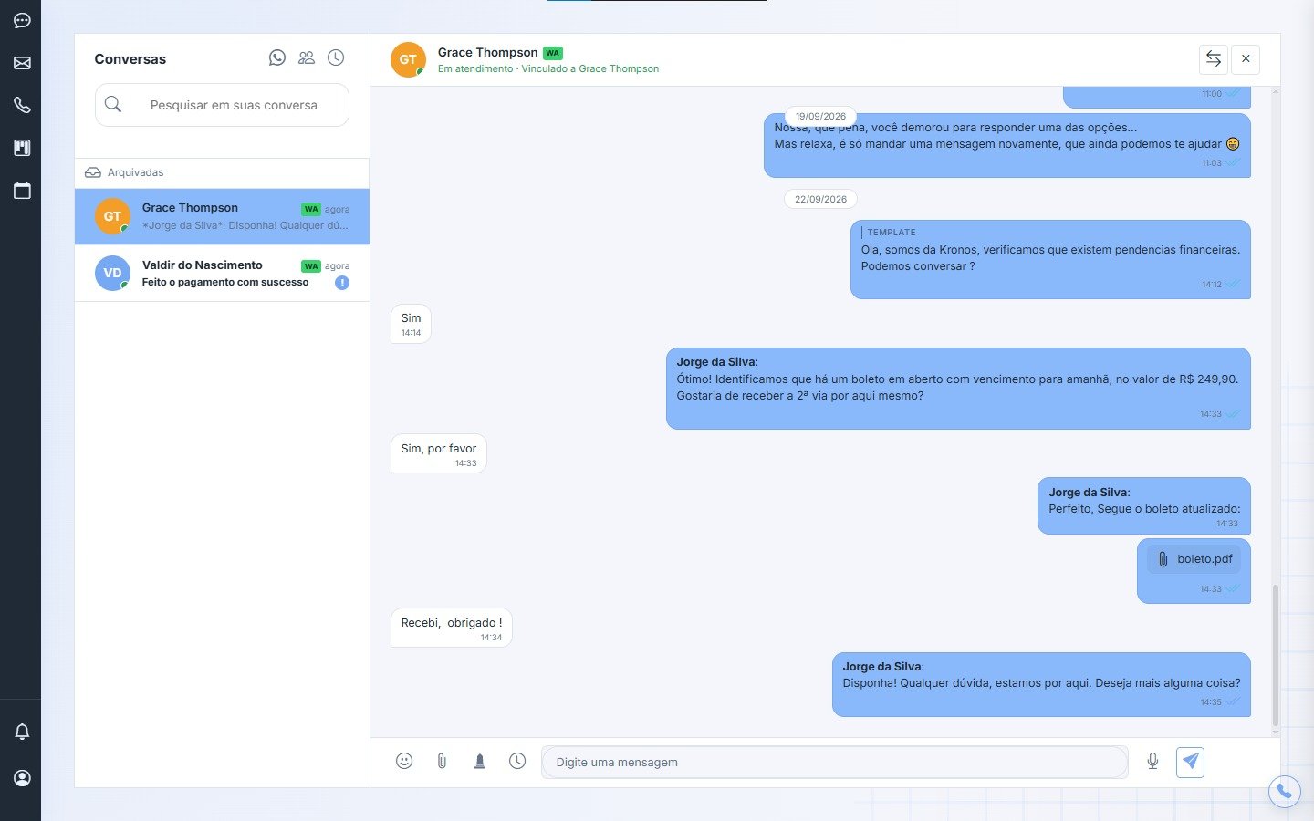 Tela de Conversas do Kronos, com um atendimento de WhatsApp em andamento